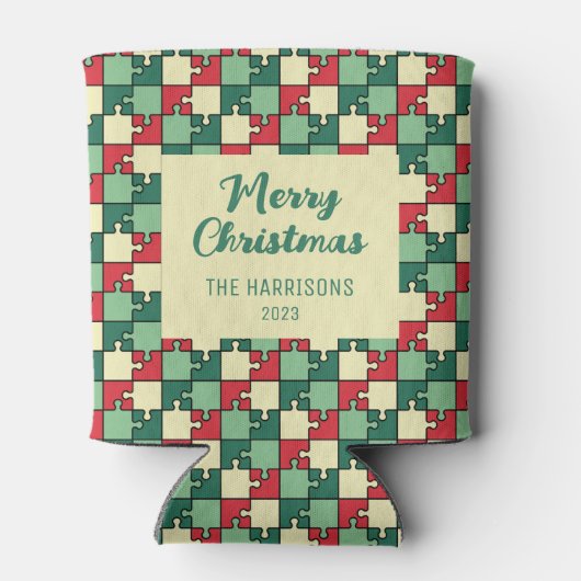 Kerst rood groen puzzel stuk geometrisch blikjeskoeler (Achterkant)