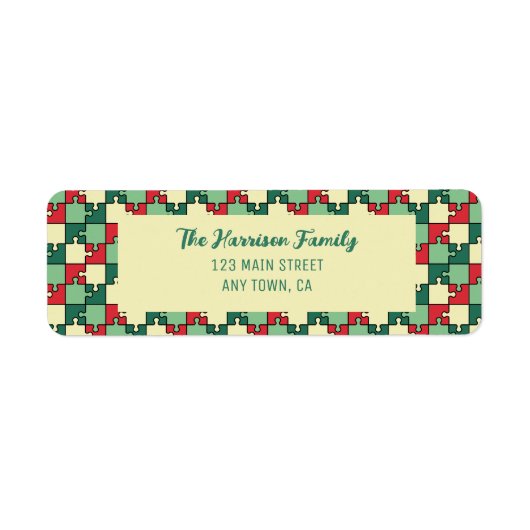 Kerst rood groen puzzel stuk geometrisch etiket (Voorkant)