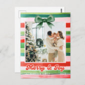Kerst Rood Groen Strepen Vrolijk & Vreugde Foto Briefkaart (Voorkant / Achterkant)