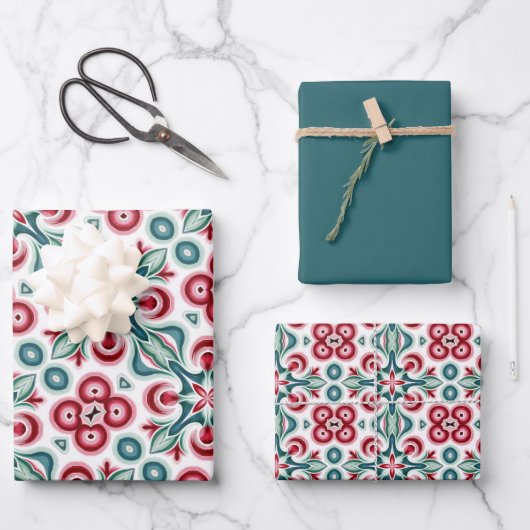 Kerst rood, groen & wit patroon inpakpapier vel (Voorkant)