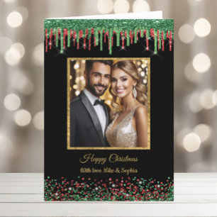 Kerst Rood Groen & Zwart Glam Glitter Dripping Feestdagen Kaart