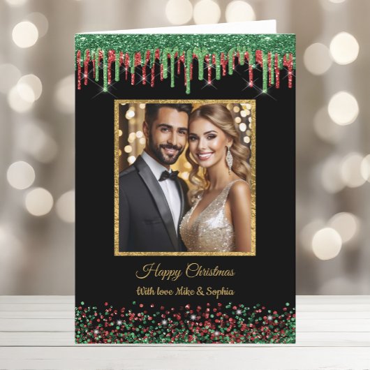 Kerst Rood Groen & Zwart Glam Glitter Dripping Feestdagen Kaart