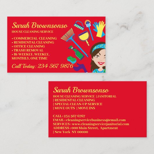 Kerst Rood Janitorial Lady Cartoon Schoonmaken Visitekaartje (Voorkant / Achterkant)