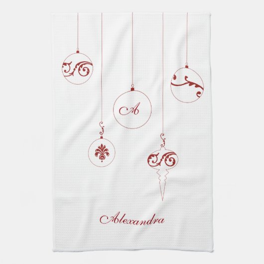 Kerst Rood Monogram Bauble Ornamenten Naam Theedoek (Verticaal)