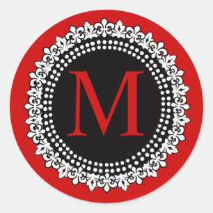 Kerst Rood Monogram M Fleur de lis Bruiloft Ronde Sticker
