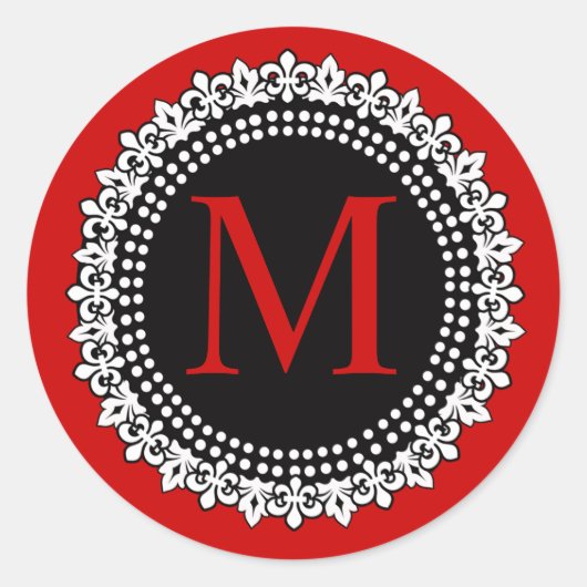 Kerst Rood Monogram M Fleur de lis Bruiloft Ronde Sticker (Voorkant)