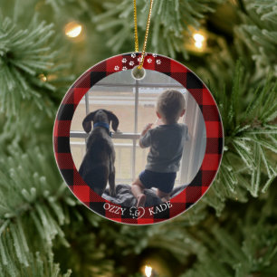 Kerst Rood Plaid Gepersonaliseerde Kind Pet Foto Keramisch Ornament
