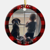 Kerst Rood Plaid Gepersonaliseerde Kind Pet Foto Keramisch Ornament (Voorkant)