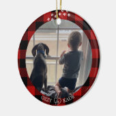 Kerst Rood Plaid Gepersonaliseerde Kind Pet Foto Keramisch Ornament (Links)
