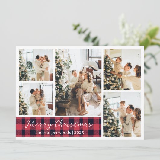 Kerst Rood Plaid Rendier Familie Fotocollage Feestdagenkaart (Staand voorkant)