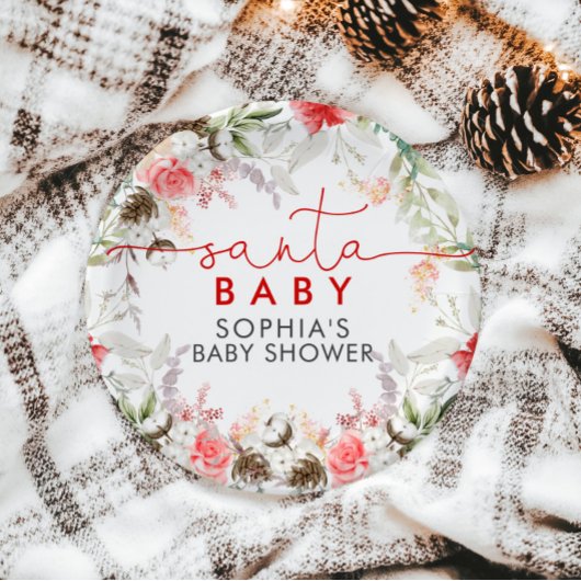 Kerst Rood & Roze Bloemen Baby shower Ronde Sticker