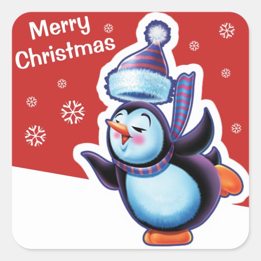 Kerst rood vierkant sticker Penguin schaatsen. (Voorkant)
