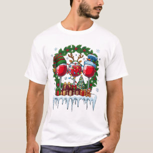Kerst Rood Wijn Glazen Hulst Krans Sneeuwman Hoed T-shirt