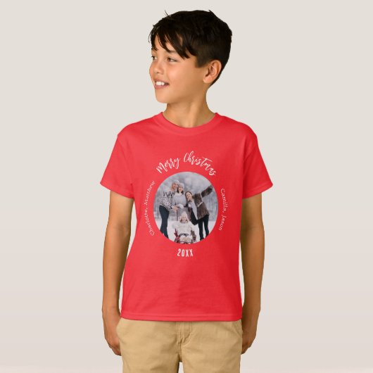 Kerst rood wit familie foto namen t-shirt (Voorkant volledig)
