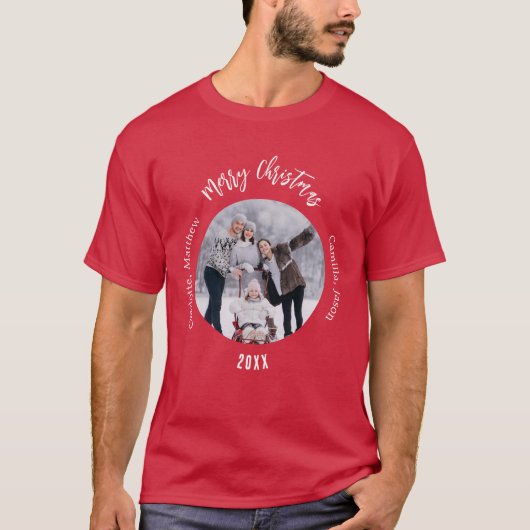 Kerst rood wit familie foto namen t-shirt (Voorkant)