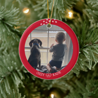 Kerst Rood Wit Gepersonaliseerd Kind Pet Foto Keramisch Ornament