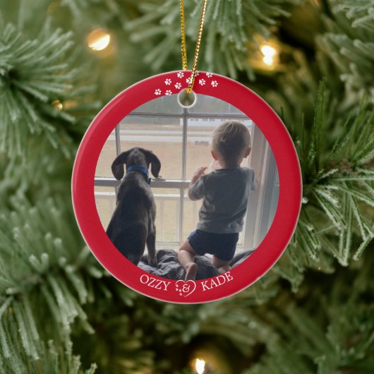 Kerst Rood Wit Gepersonaliseerd Kind Pet Foto Keramisch Ornament (Boom)