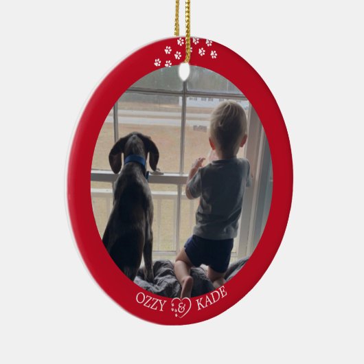 Kerst Rood Wit Gepersonaliseerd Kind Pet Foto Keramisch Ornament (Rechts)