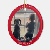 Kerst Rood Wit Gepersonaliseerd Kind Pet Foto Keramisch Ornament (Links)