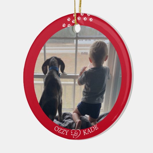 Kerst Rood Wit Gepersonaliseerd Kind Pet Foto Keramisch Ornament (Links)