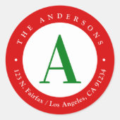 Kerst Rood Wit Groen Monogram Retouradres Ronde Sticker (Voorkant)