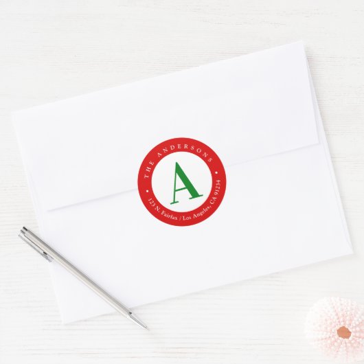 Kerst Rood Wit Groen Monogram Retouradres Ronde Sticker (Envelop)