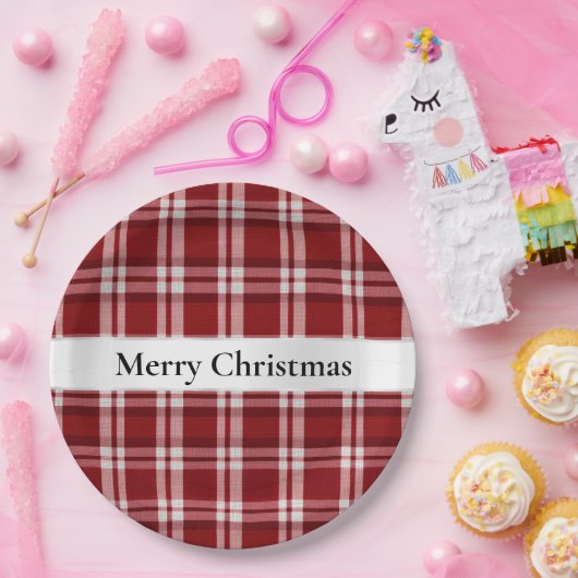 Kerst Rood Wit Plaid Papieren Bordje (Feest)