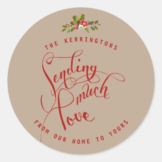 Kerst Rood Zend Veel Liefde Holly Vakantie Ronde Sticker (Voorkant)