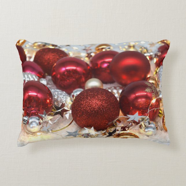 Kerst Rood & Zilver Decor Ballen Accent Kussen (Voorkant)