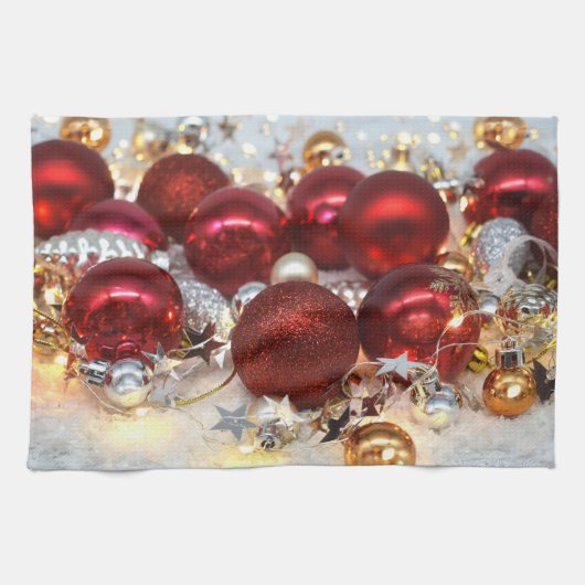 Kerst Rood & Zilver Decor Ballen Theedoek (Horizontaal)