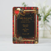 Kerst Rood Zwart en Goud Bruiloft Save The Date (Staand voorkant)