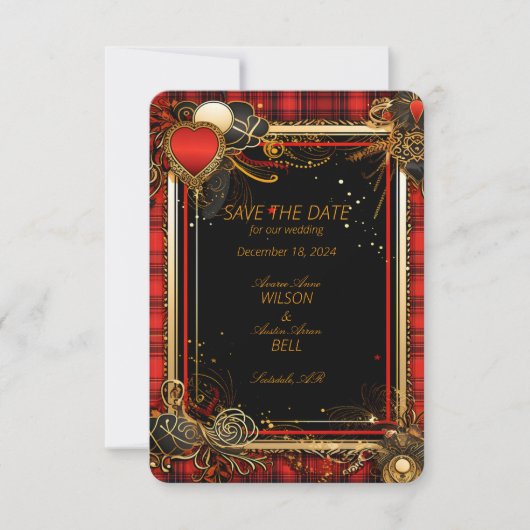 Kerst Rood Zwart en Goud Bruiloft Save The Date (Voorkant)