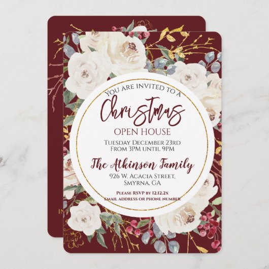 Kerst Roos Bloemen Bourgondië Open House Party Kaart (Voorkant / Achterkant)