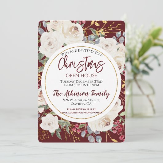 Kerst Roos Bloemen Bourgondië Open House Party Kaart (Staand voorkant)