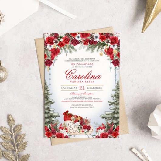 Kerst Roos Vakantie Sleigh Winter Quinceanera Kaart
