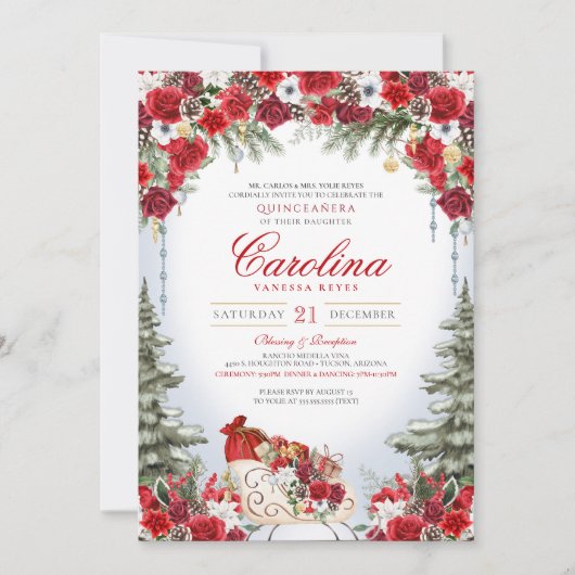 Kerst Roos Vakantie Sleigh Winter Quinceanera Kaart (Voorkant)