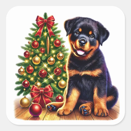 Kerst Rottweiler Puppy van de feestelijke boom Vierkante Sticker (Voorkant)