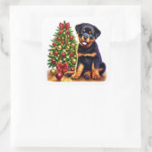 Kerst Rottweiler Puppy van de feestelijke boom Vierkante Sticker (Tas)