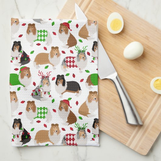 Kerst Rough Collie Kitchen Towel Theedoek (Quarter Fold)