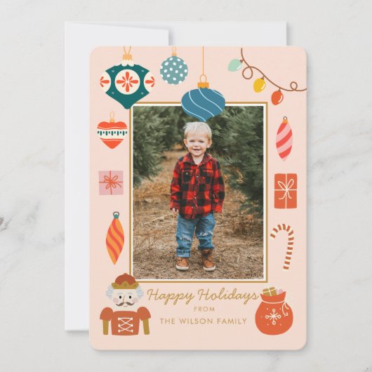 Kerst Roze Bal Cute Familie Foto Feestdagenkaart (Voorkant)