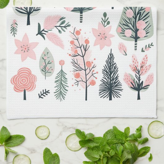 Kerst Roze Boom Abstract Doodles Theedoek (Gevouwen)