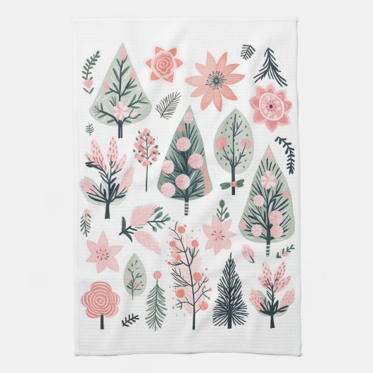 Kerst Roze Boom Abstract Doodles Theedoek (Verticaal)