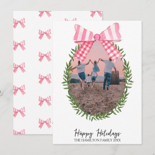 Kerst Roze Bow Coquette Krans Foto Feestdagenkaart (Voorkant / Achterkant)