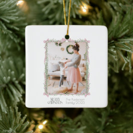 Kerst Roze Bow Groene Garland Foto Keramisch Ornament