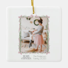 Kerst Roze Bow Groene Garland Foto Keramisch Ornament