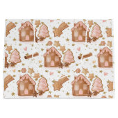 Kerst roze bruin peperkoek huizen gouden sterren groot cadeauzakje (Voorkant)