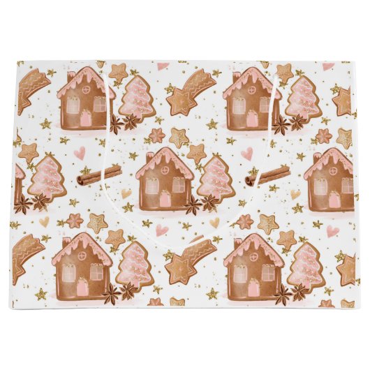 Kerst roze bruin peperkoek huizen gouden sterren groot cadeauzakje (Voorkant)