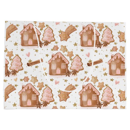 Kerst roze bruin peperkoek huizen gouden sterren groot cadeauzakje (Achterkant)