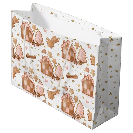Kerst roze bruin peperkoek huizen gouden sterren groot cadeauzakje (Voorkant Gekanteld)