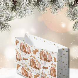 Kerst roze bruin peperkoek huizen gouden sterren groot cadeauzakje
